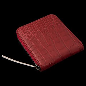 クロコダイル　二つ折り財布　レッド クロコダイル 二つ折り財布 ラウンドファスナー ミドルウォレット ワニ