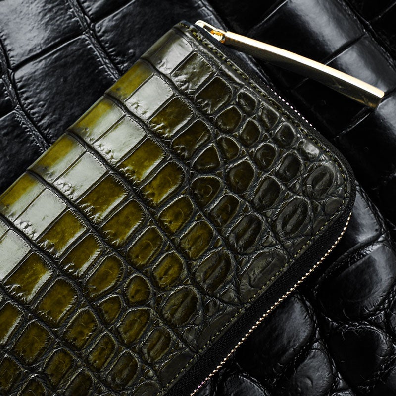 夏財布におすすめ、池田工芸のクロコダイル一枚革財布 オリーブ